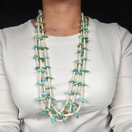 30" Vintage Santo Domingo turquoise/shel 3 strand heishi necklace