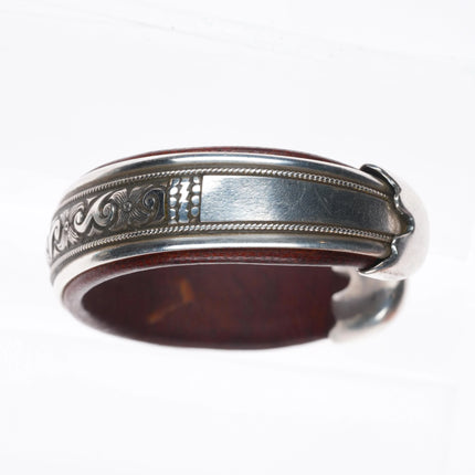 6" Ramona Heise hand engraved sterling silver leather lined cuff bracelet