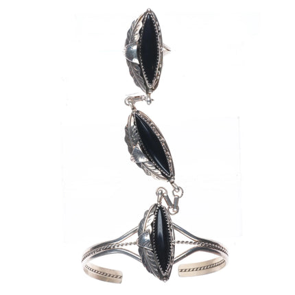 6.7" & sz8.5 Navajo sterling silver onyx vintage ring/cuff "slave bracelet"