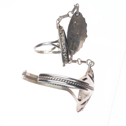 6.7" & sz8.5 Navajo sterling silver onyx vintage ring/cuff "slave bracelet"