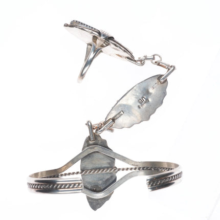 6.7" & sz8.5 Navajo sterling silver onyx vintage ring/cuff "slave bracelet"