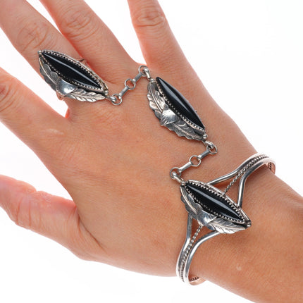 6.7" & sz8.5 Navajo sterling silver onyx vintage ring/cuff "slave bracelet"