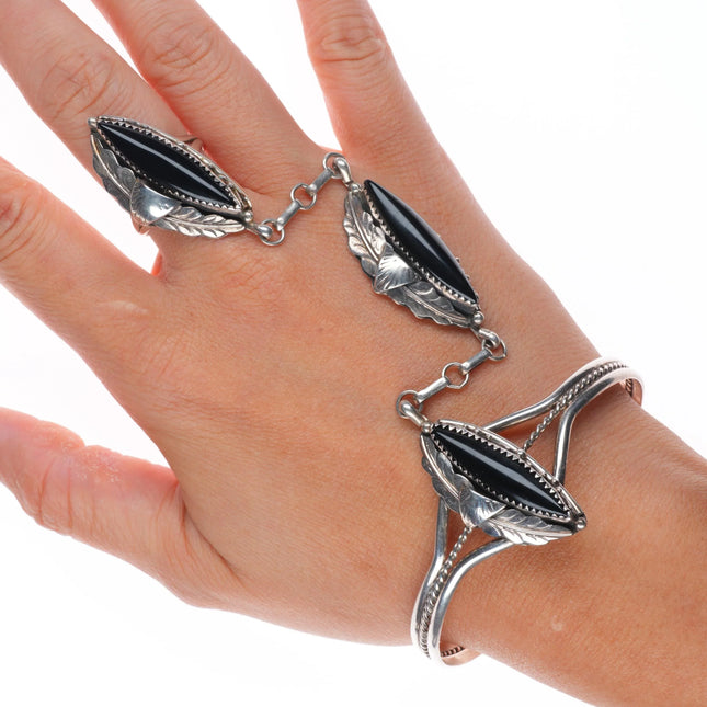 6.7" & sz8.5 Navajo sterling silver onyx vintage ring/cuff "slave bracelet"