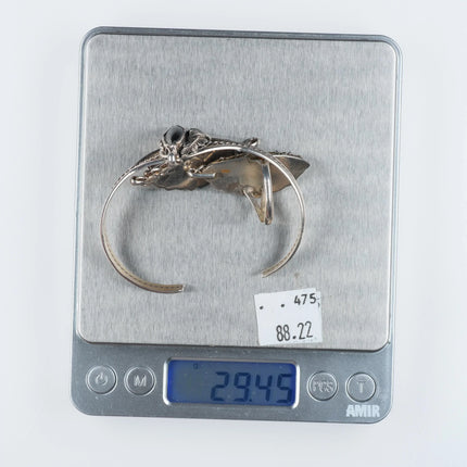 6.7" & sz8.5 Navajo sterling silver onyx vintage ring/cuff "slave bracelet"