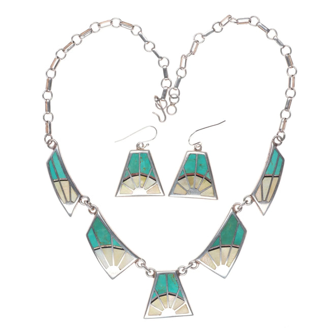 Teme Southwestern sterling silver turquoise/mother of pearl necklace/earrings