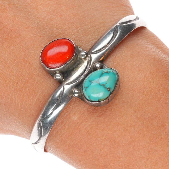 6" Vintage Navajo sterling silver turquoise/coral stamped cuff bracelet