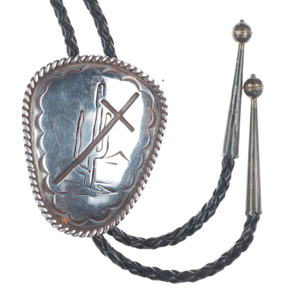 Big Vintage Navajo sterling silver saguaro cactus/cross bolo tie