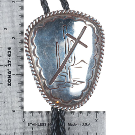 Big Vintage Navajo sterling silver saguaro cactus/cross bolo tie