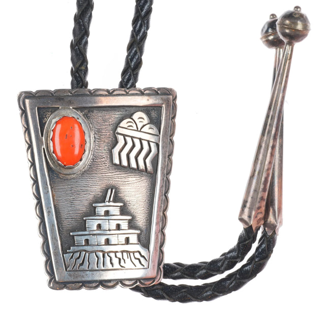 Vintage Native American sterling silver bolo tie w/cloud overlay and coral