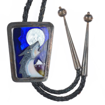 Vintage southwestern sterling silver enamel wolf howling at moon bolo tie