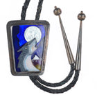 Vintage southwestern sterling silver enamel wolf howling at moon bolo tie
