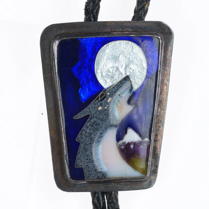 Vintage southwestern sterling silver enamel wolf howling at moon bolo tie