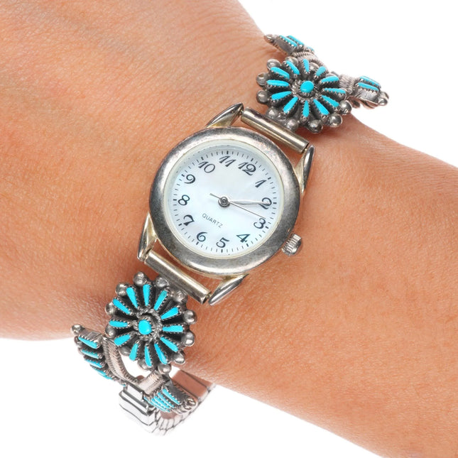 6.6" Vincent & Socorro Johnson Zuni sterling silver needlepoint turquoise watch