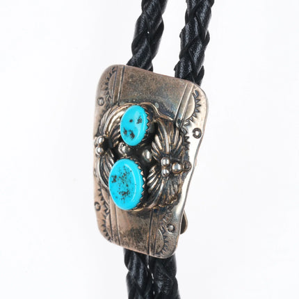Vintage GG Navajo sterling silver double turquoise bolo tie w/feather design