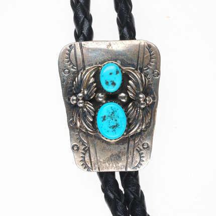 Vintage GG Navajo sterling silver double turquoise bolo tie w/feather design