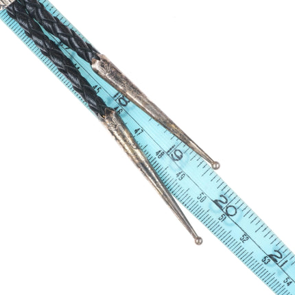 Vintage GG Navajo sterling silver double turquoise bolo tie w/feather design