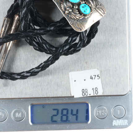 Vintage GG Navajo sterling silver double turquoise bolo tie w/feather design