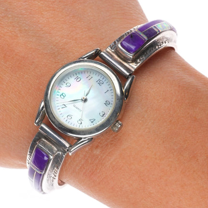 6.25"+ adjustable Navajo sterling silver sugilite/opal  inlay watch bracelet