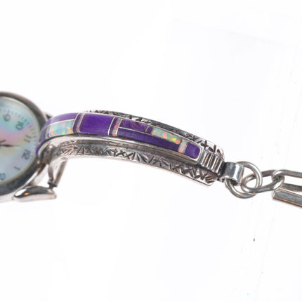 6.25"+ adjustable Navajo sterling silver sugilite/opal  inlay watch bracelet