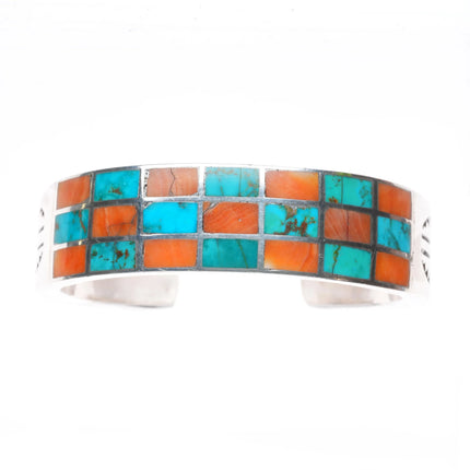 6" 40's-50's Zuni sterling silver spiny oyster/turquoise inlay cuff bracelet