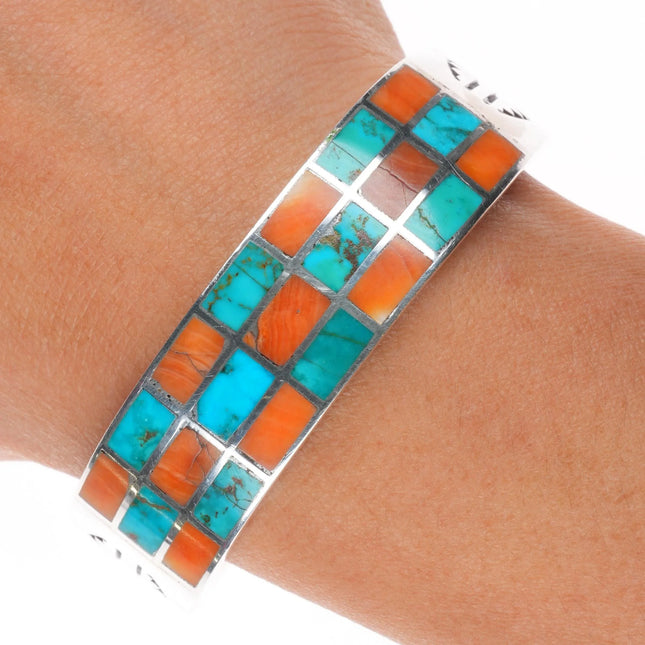 6" 40's-50's Zuni sterling silver spiny oyster/turquoise inlay cuff bracelet