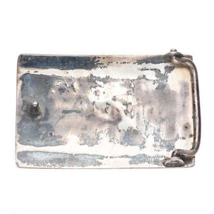 c1950's Navajo Overlay turquoise inlaid sterling silver roadrunner  belt buckle