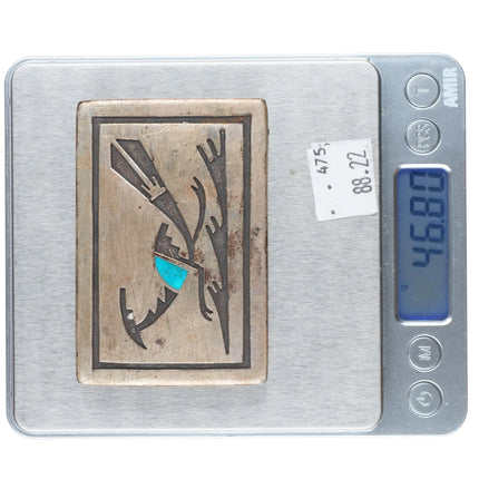 c1950's Navajo Overlay turquoise inlaid sterling silver roadrunner  belt buckle