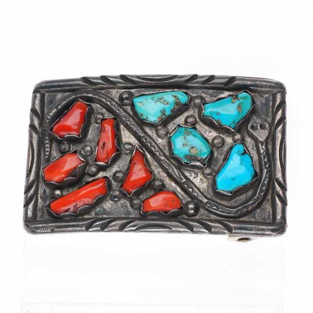 Vintage Angie Cheama Zuni sterling silver, turquoise, coral snake belt buckle
