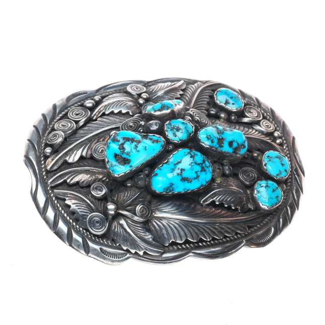 Big 70's Dino Navajo vintage sterling silver turquoise featherwork belt buckle