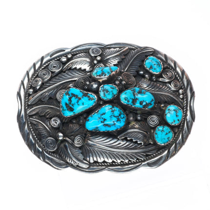 Big 70's Dino Navajo vintage sterling silver turquoise featherwork belt buckle