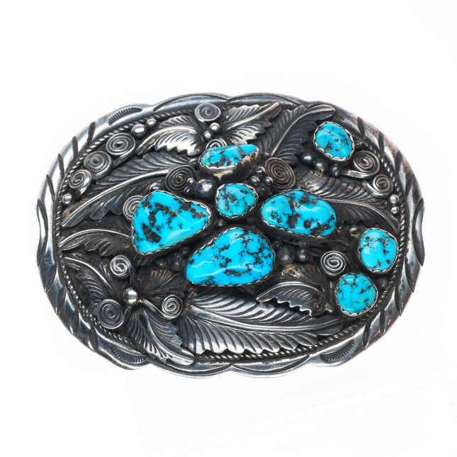 Big 70's Dino Navajo vintage sterling silver turquoise featherwork belt buckle