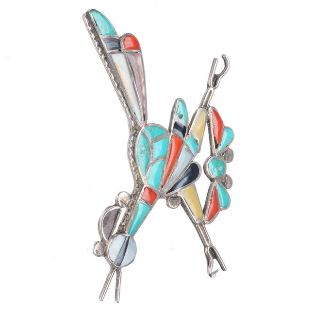 Big vintage Zuni sterling silver turquoise, coral, shell roadrunner pin/brooch