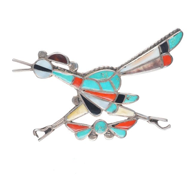 Big vintage Zuni sterling silver turquoise, coral, shell roadrunner pin/brooch