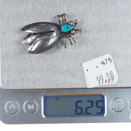c1940's Navajo sterling silver stamped bug pin with Blue Gem turquoise