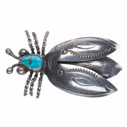 c1940's Navajo sterling silver stamped bug pin with Blue Gem turquoise