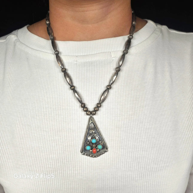 Vintage C Davis Navajo sterling silver beaded turquoise/coral pendant necklace