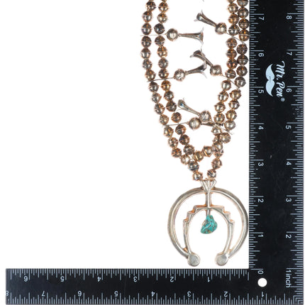 Vintage Navajo sterling silver squash blossom necklace with center turquoise