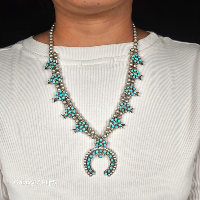 c1950's Zuni sterling silver Sleeping Beauty turquoise squash blossom necklace