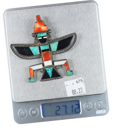 30's-40's Zuni sterling silver knifewing pin/brooch turquoise/spiny oyster inlay