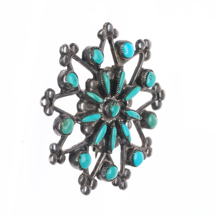 40's Zuni sterling silver petit point/snake eye turquoise snowflake pin/brooch
