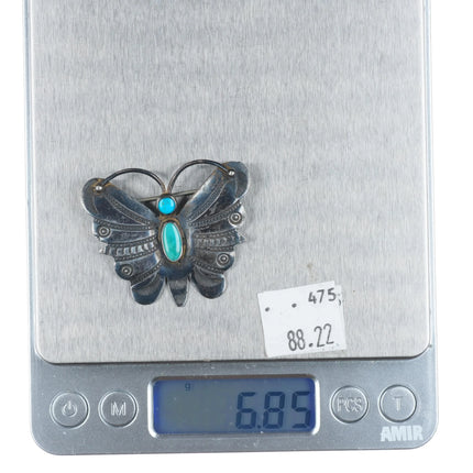 c1940's Navajo sterling silver hand stamped butterfly pin/brooch w/turquoise