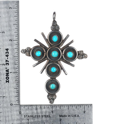 Large vintage Zuni snake eye turquoise sterling silver cross pendant