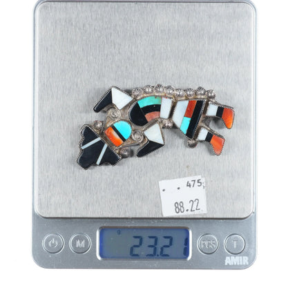 Big 1940's Zuni sterling silver spiny oyster, turquoise Rainbow Man pin/brooch