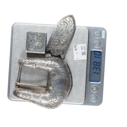 Ahmad Khan 1" Hand Engraved sterling silver ranger belt buckle set