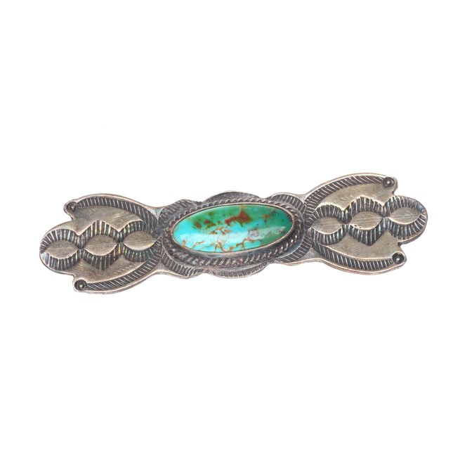 30's-40's Navajo sterling silver Royston turquoise hand stamped pin/brooch