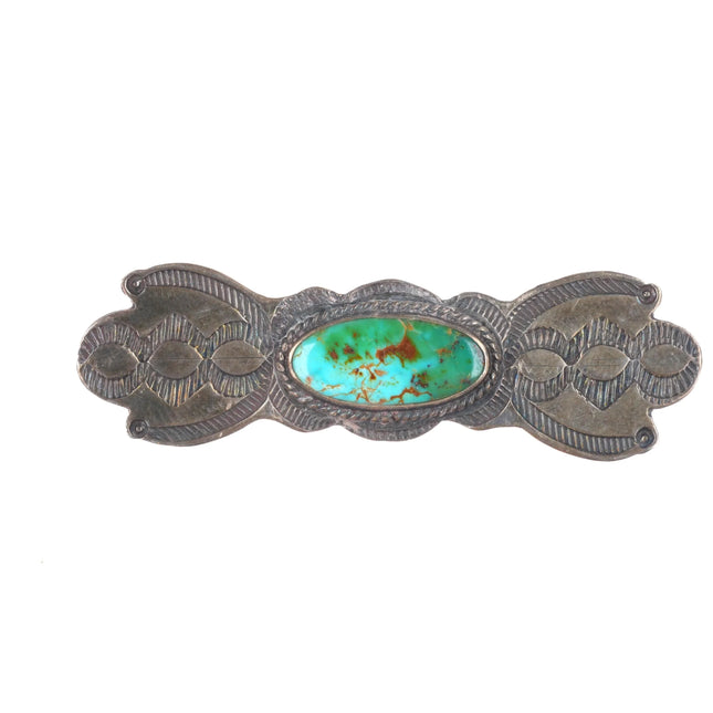 30's-40's Navajo sterling silver Royston turquoise hand stamped pin/brooch