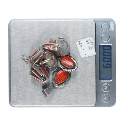 sz6 Gilbert Nelson Navajo sterling silver coral bracelet/ring/earrings/pendant