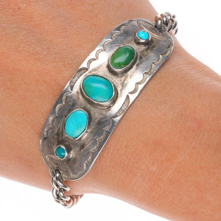 7.25" c1940's Navajo sterling silver hand stamped turquoise link bracelet