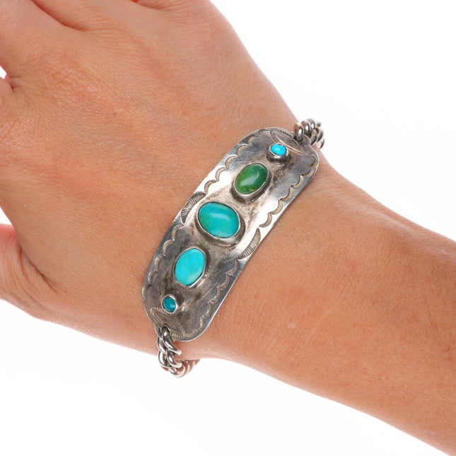 7.25" c1940's Navajo sterling silver hand stamped turquoise link bracelet