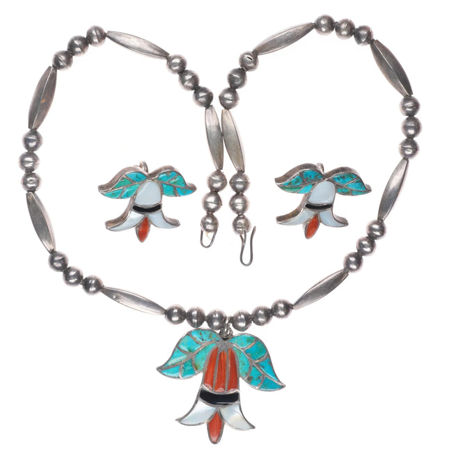 Frank Vacit Zuni sterling silver flower necklace pendant/screw back earrings